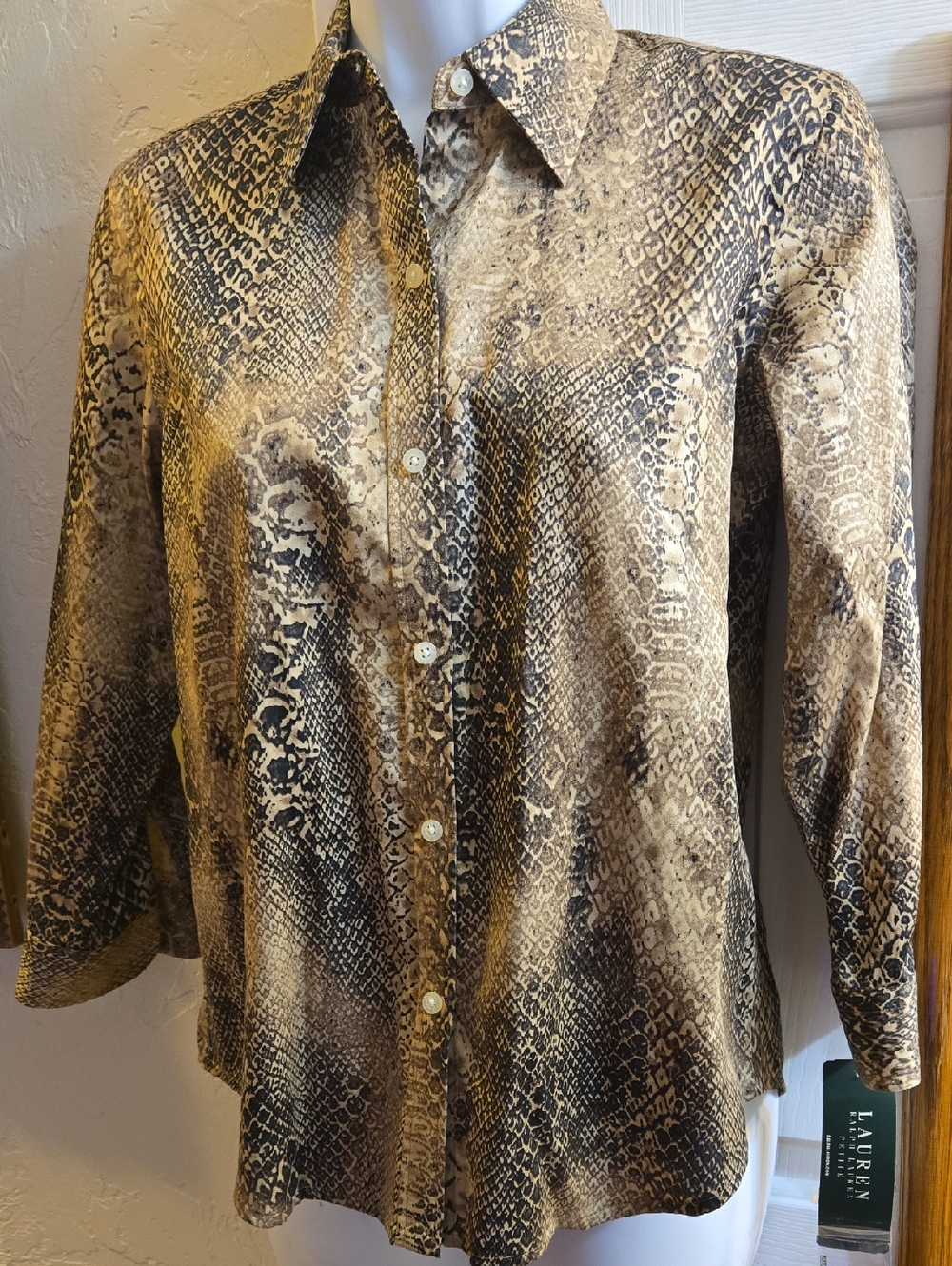 Lauren Ralph Lauren Petite Brown and Black Snakeskin Print Blouse